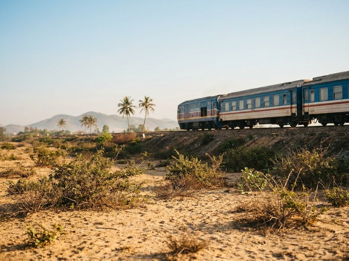 Blue and white passenger train passing dry scrubland near the coast