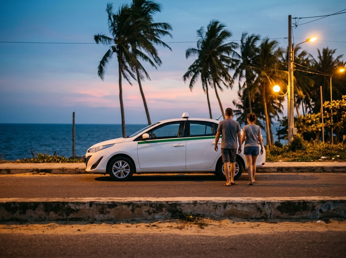 Green and white taxi waiting on a palm-lined coastal road at dusk