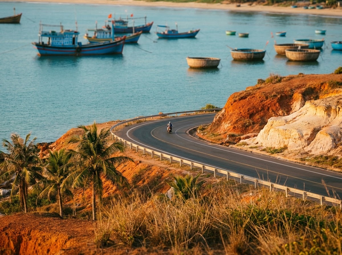 Coast road curving along a red-earth headland above a turquoise sea, with fishing boats offshore